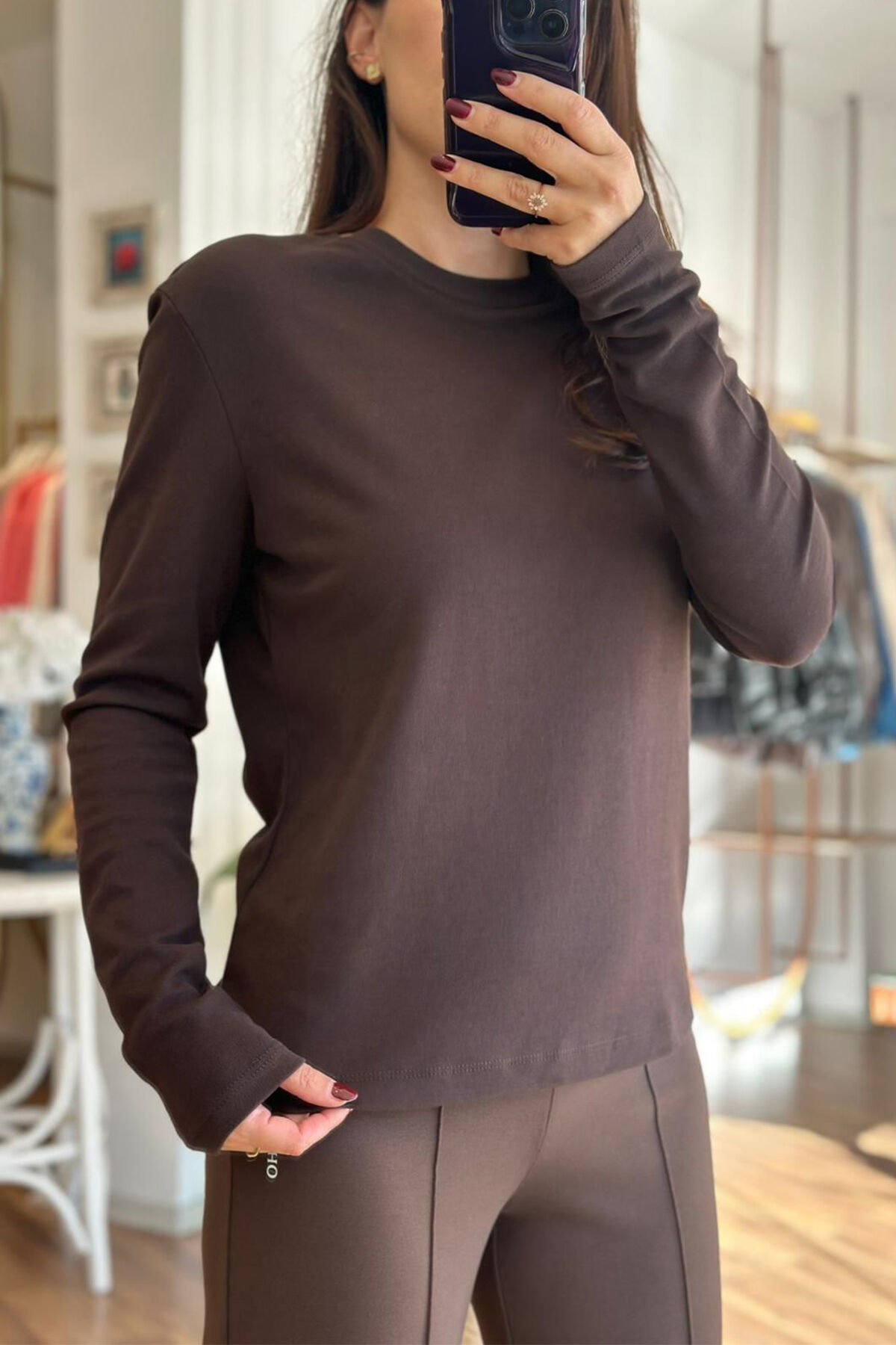 Acı Kahve Bisiklet Yaka Uzun Kollu Pamuklu Basic T-shirt