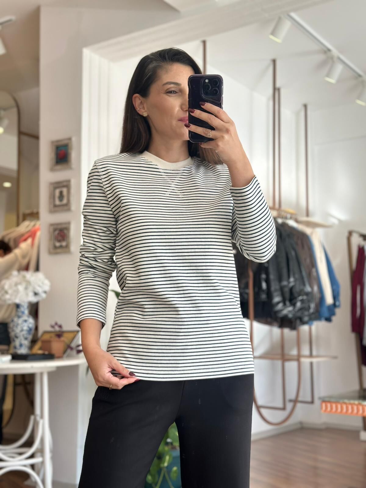 Massi Siyah Çizgili Uzun Kollu Pamuklu T-shirt