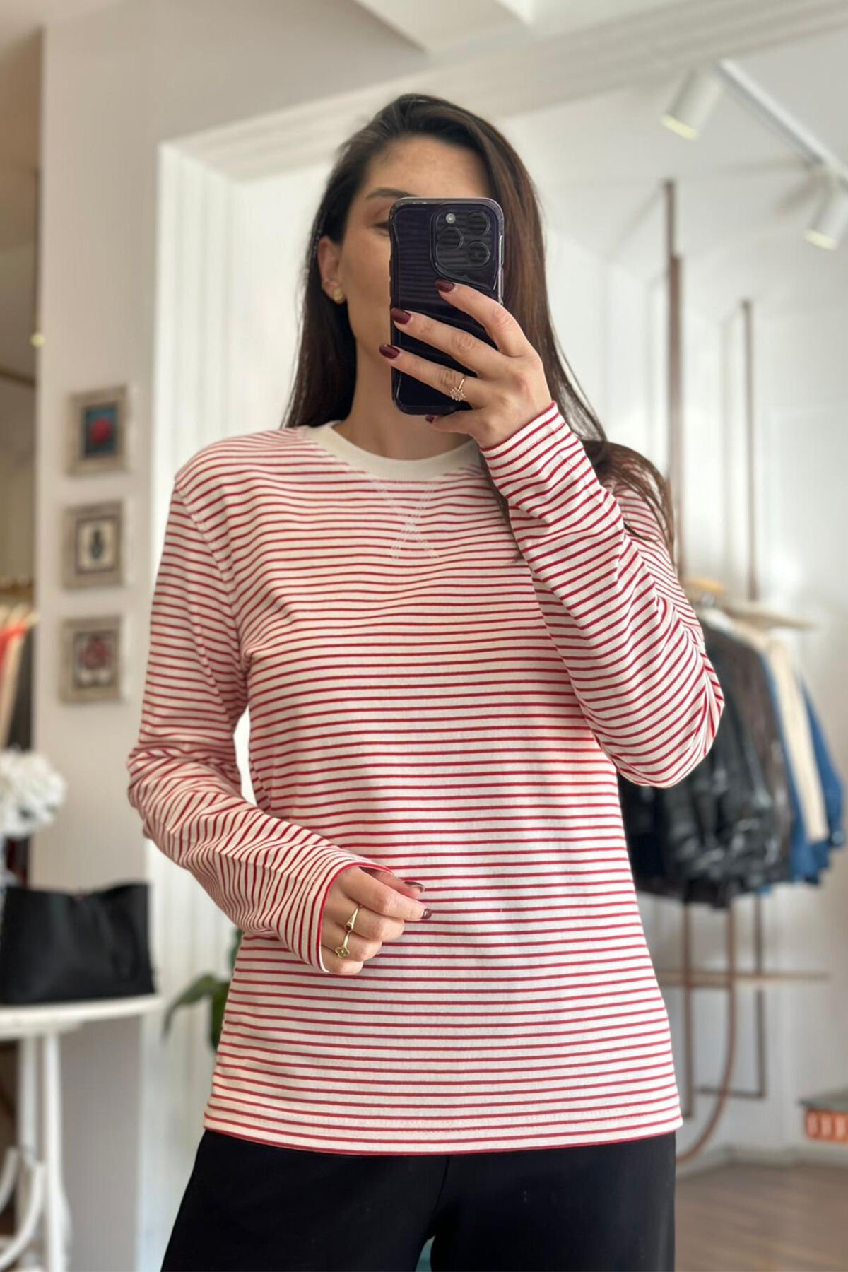 Massi Kırmızı Çizgili Uzun Kollu Pamuklu T-shirt