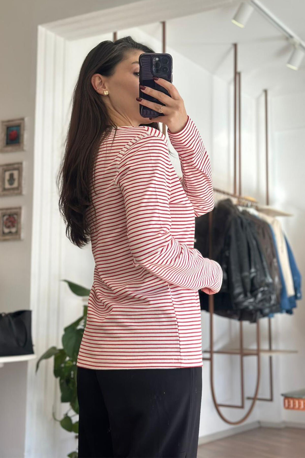 Massi Kırmızı Çizgili Uzun Kollu Pamuklu T-shirt