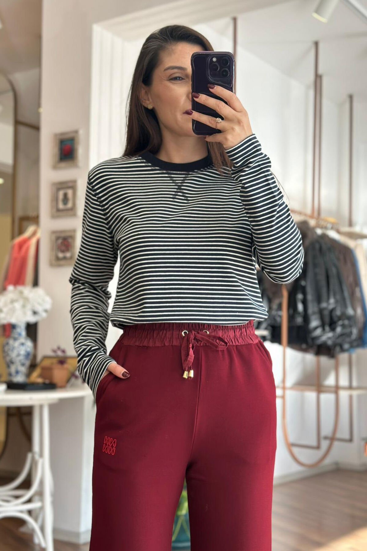 Massi Lacivert Çizgili Uzun Kollu Pamuklu T-shirt