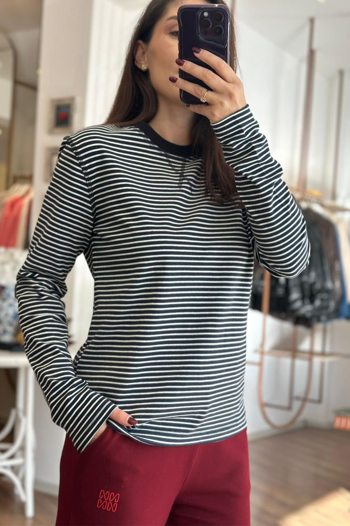Massi Lacivert Çizgili Uzun Kollu Pamuklu T-shirt