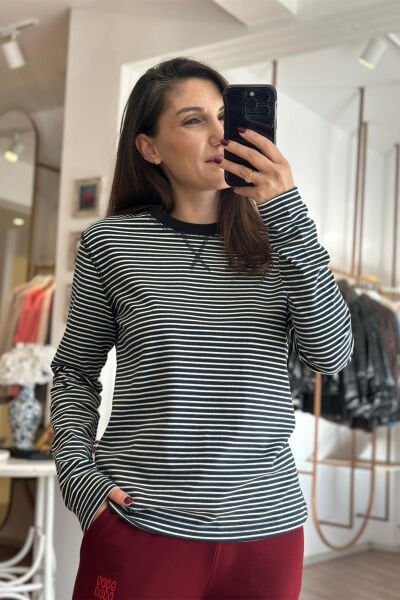 Massi Lacivert Çizgili Uzun Kollu Pamuklu T-shirt