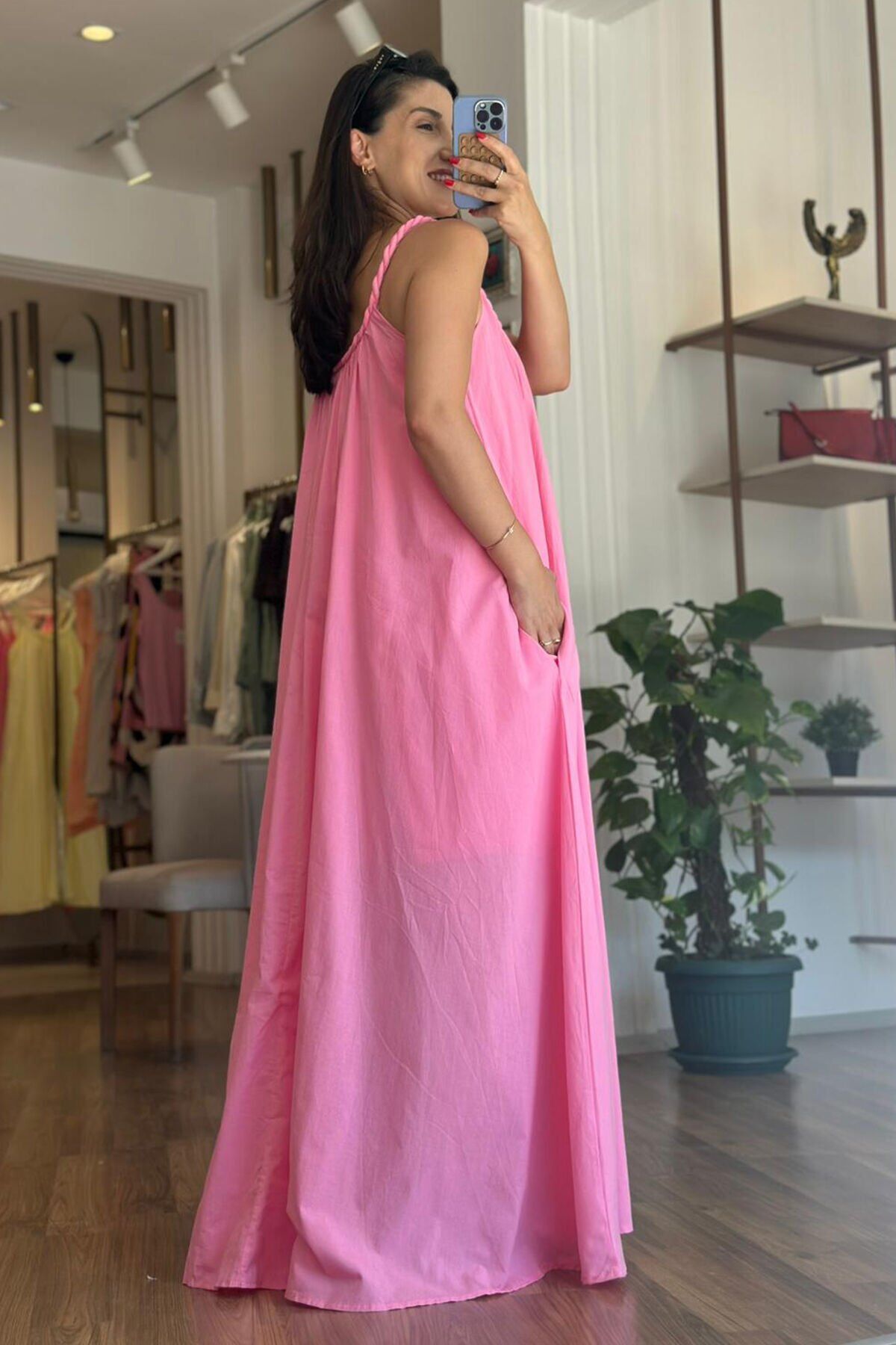 Pembe Örgü Askılı Uzun Pamuklu Cepli Elbise