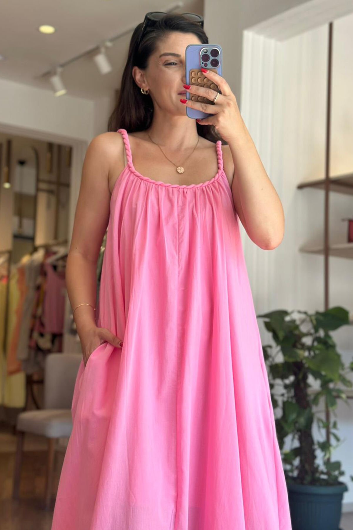 Pembe Örgü Askılı Uzun Pamuklu Cepli Elbise