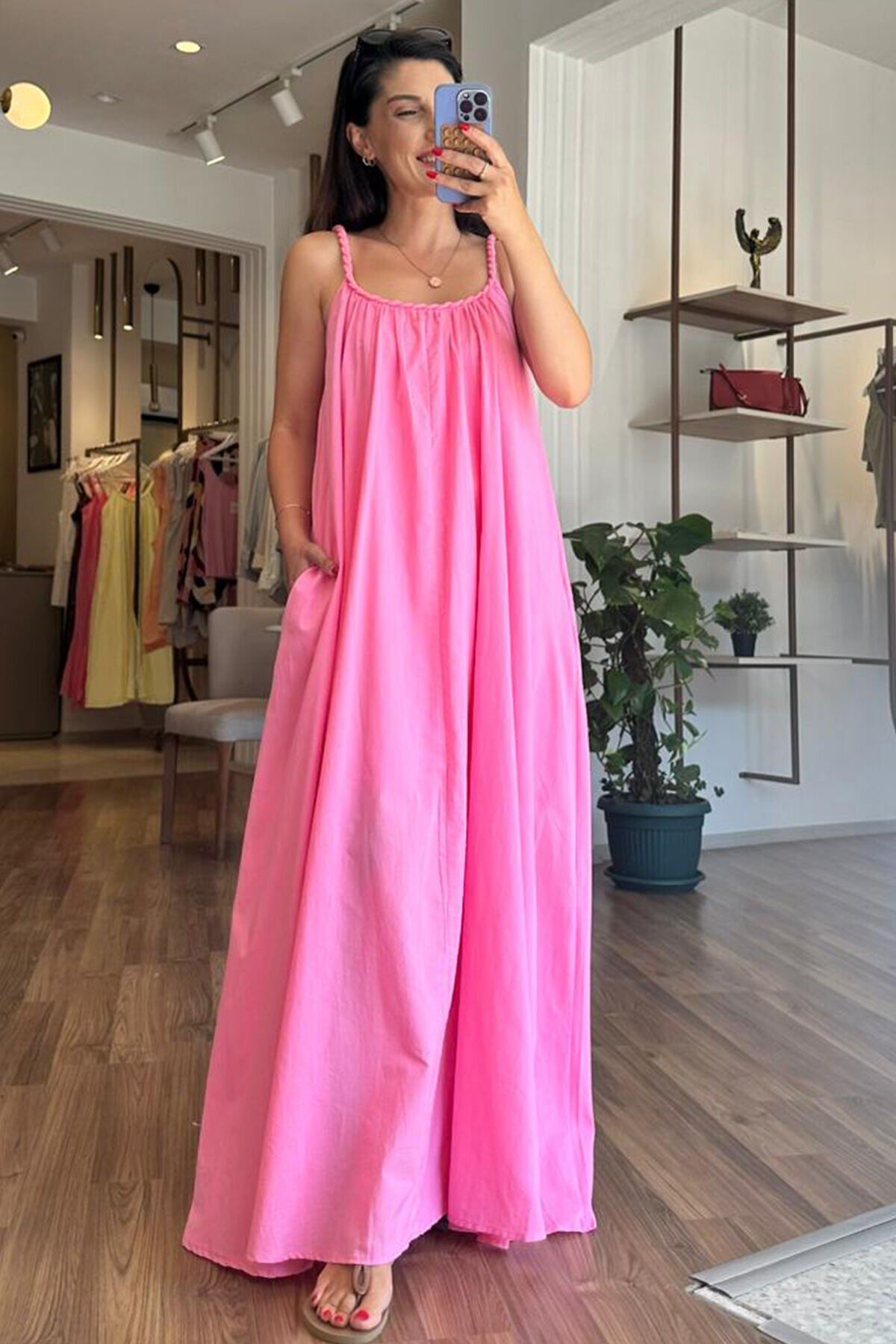 Pembe Örgü Askılı Uzun Pamuklu Cepli Elbise