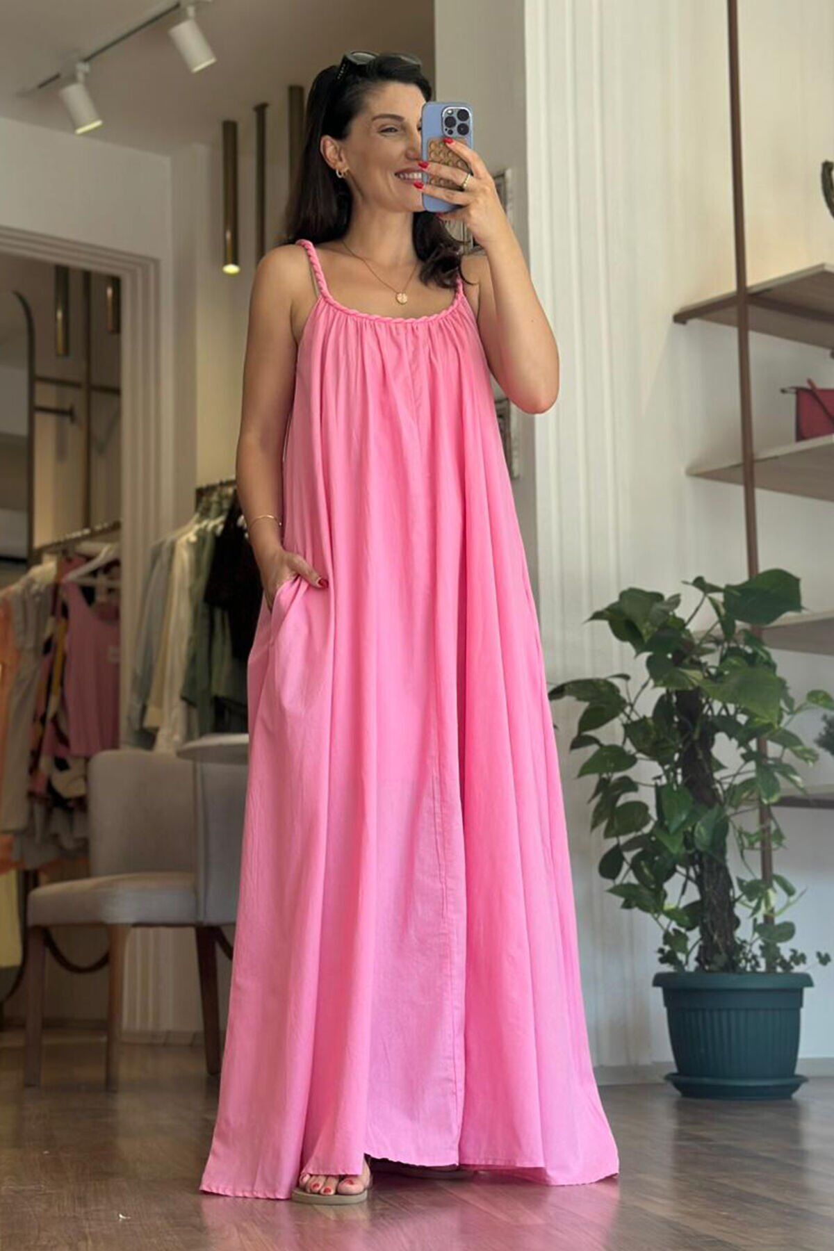 Pembe Örgü Askılı Uzun Pamuklu Cepli Elbise