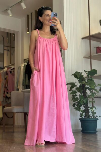 Pembe Örgü Askılı Uzun Pamuklu Cepli Elbise
