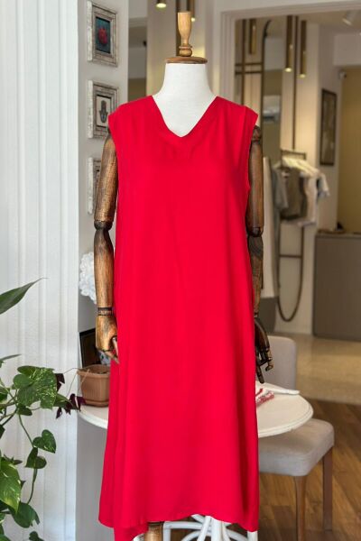 Kırmızı Sıfır Kol Pamuklu Viskon Kumaş Büyük Beden Elbise