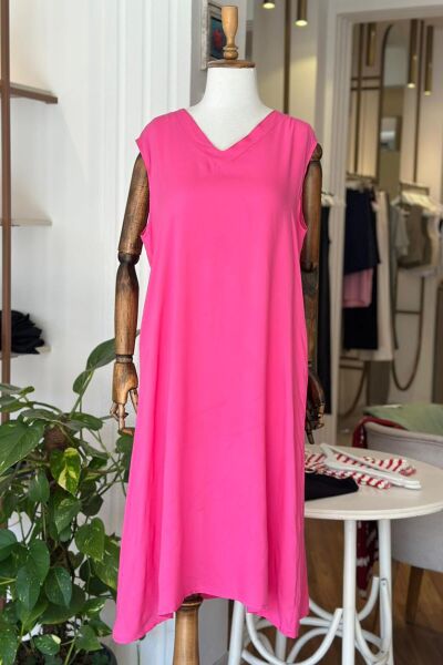 Pembe Sıfır Kol Pamuklu Viskon Kumaş Büyük Beden Elbise