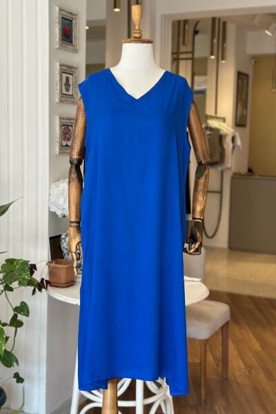 Mavi Sıfır Kol Pamuklu Viskon Kumaş Büyük Beden Elbise