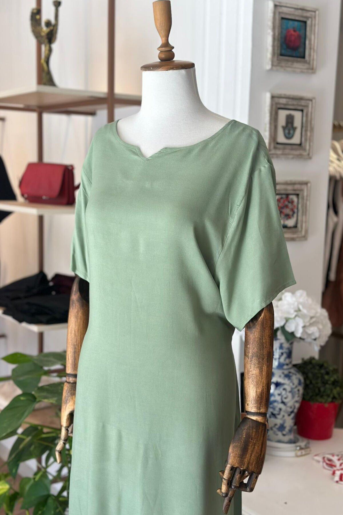 Yeşil Kısa Kol Pamuklu Viskon Kumaş Büyük Beden Elbise