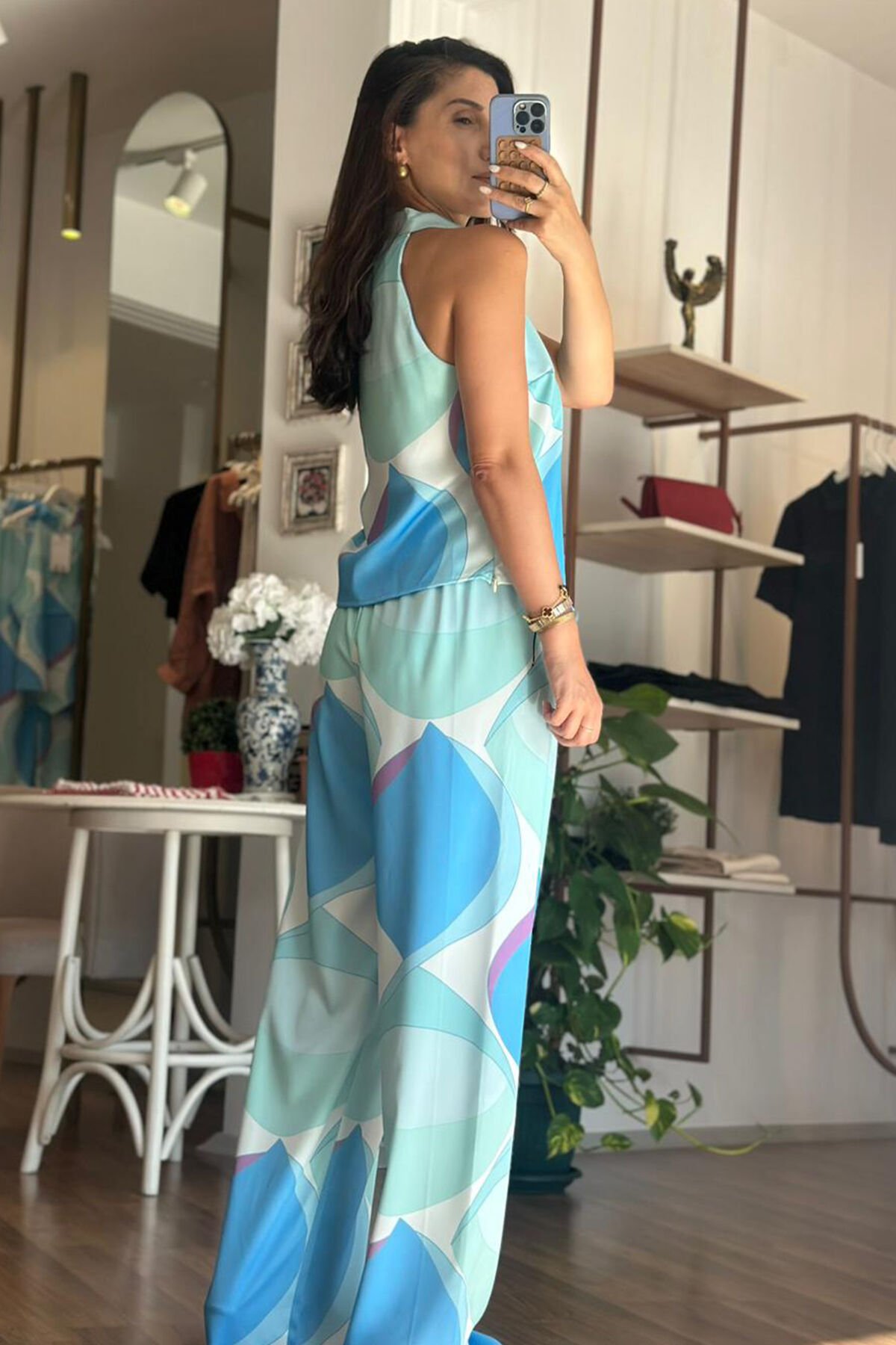 Desenli İpek Saten Bluz-Pantolon Takım