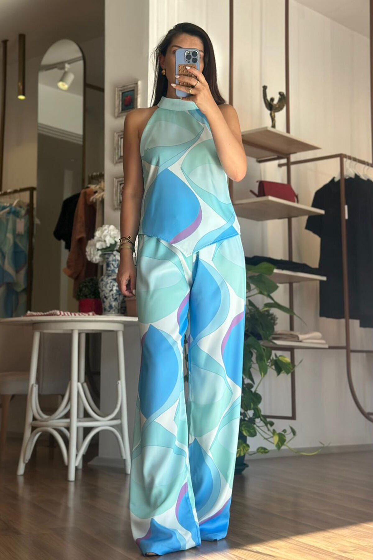 Desenli İpek Saten Bluz-Pantolon Takım