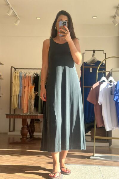 Petrol Yeşili Kalın Askılı Modal Kumaş Midi Boy Elbise