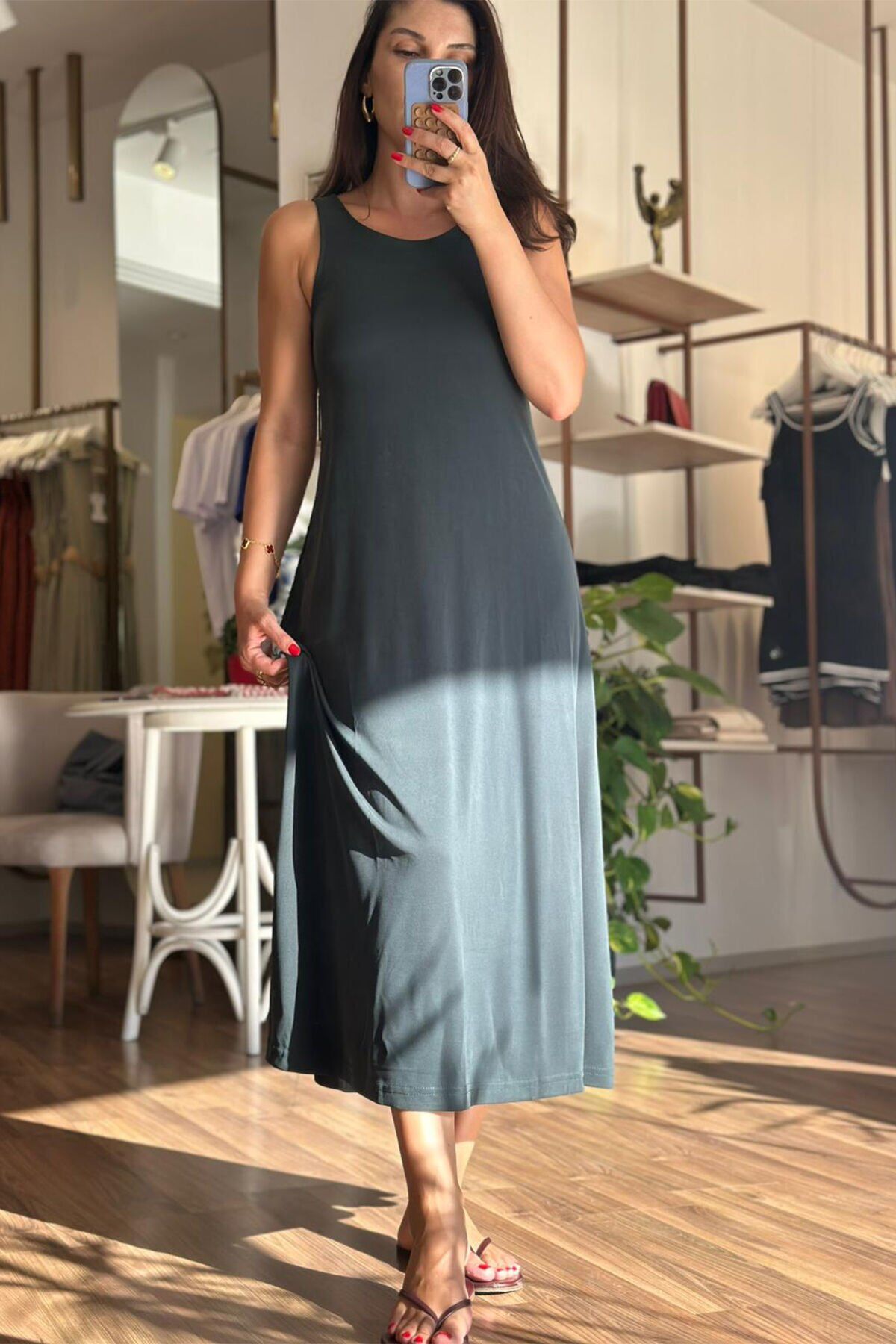 Petrol Yeşili Kalın Askılı Modal Kumaş Midi Boy Elbise