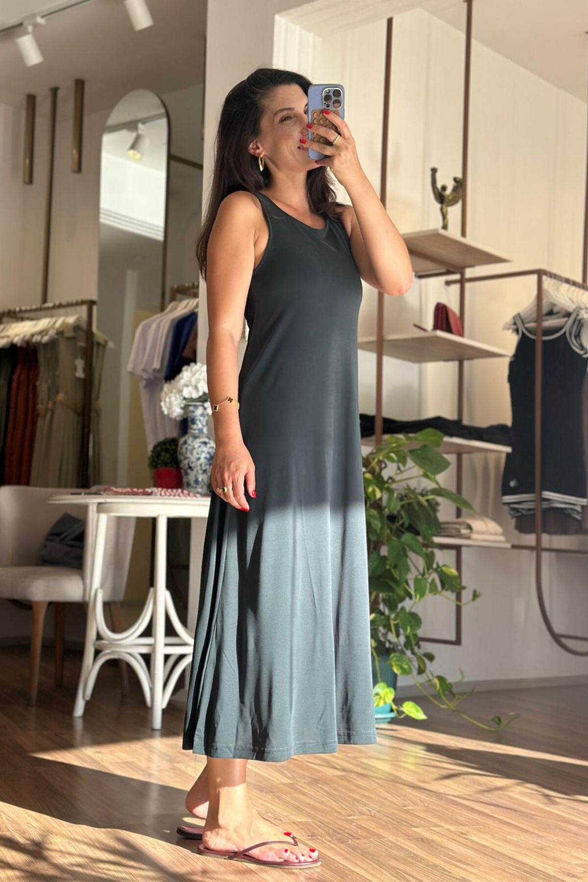 Petrol Yeşili Kalın Askılı Modal Kumaş Midi Boy Elbise