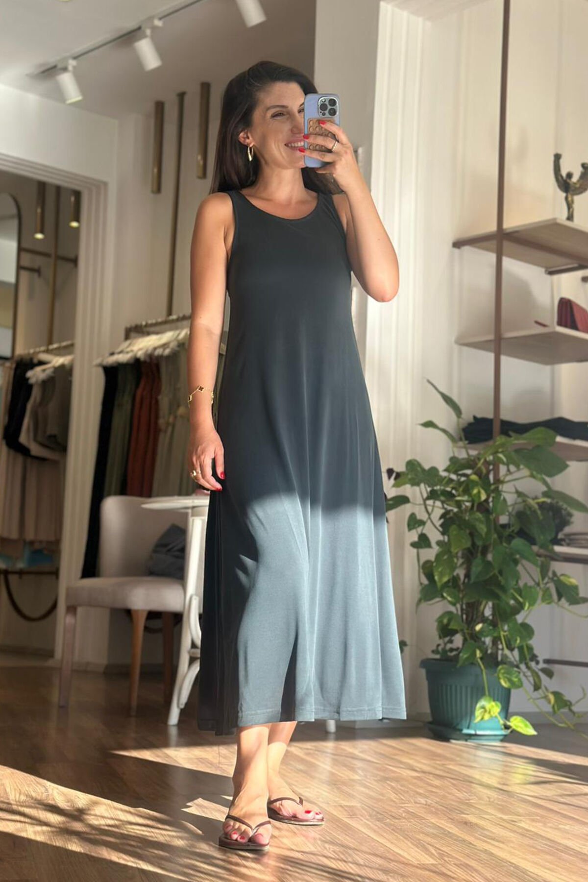 Petrol Yeşili Kalın Askılı Modal Kumaş Midi Boy Elbise