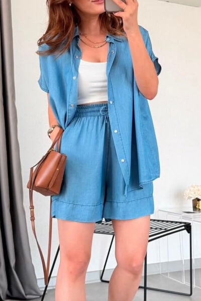 Açık Mavi Denim Gömlek-Şort Takım