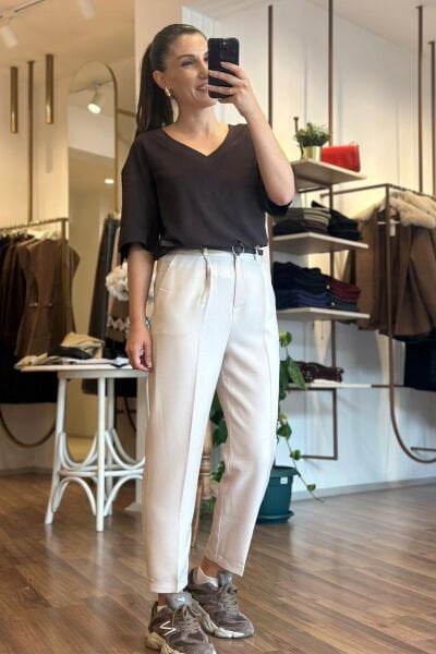 Ekru Kemerli ve Beli Lastikli Yün Dokulu Yüksek Bel Havuç Pantolon