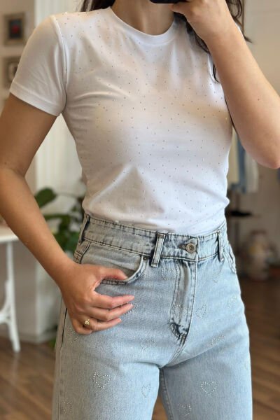 Beyaz Taş Baskılı Likralı Body
