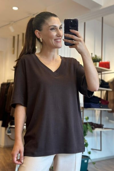 Massi Kahverengi V Yaka Oversize T-shirt