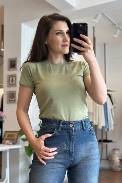 Yeşil Taş Baskılı Likralı Body
