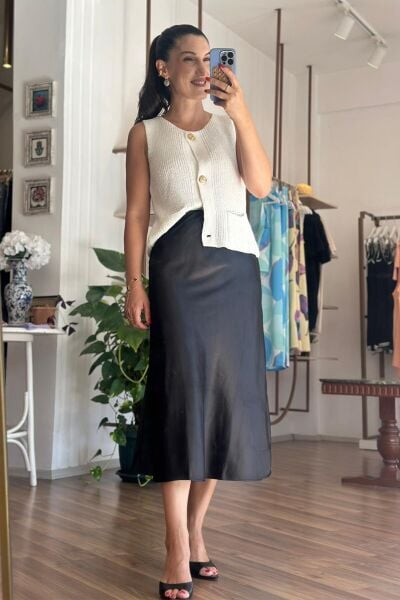 Siyah Midi Boy Saten Etek