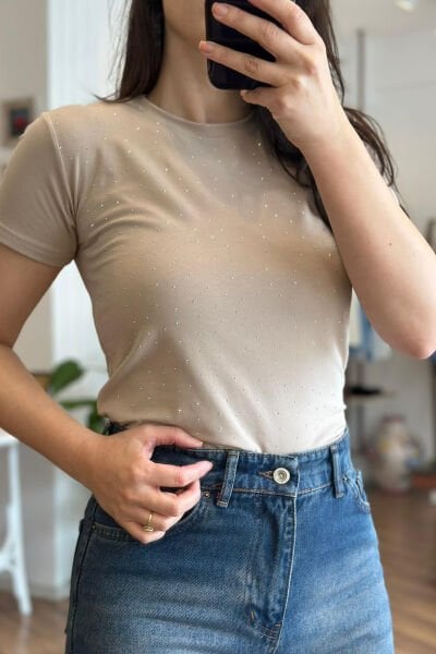 Bej Taş Baskılı Likralı Body
