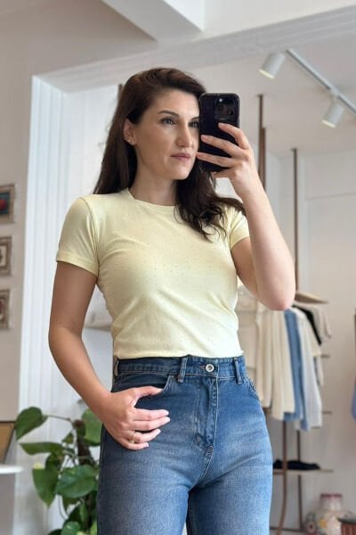 Sarı Taş Baskılı Likralı Body