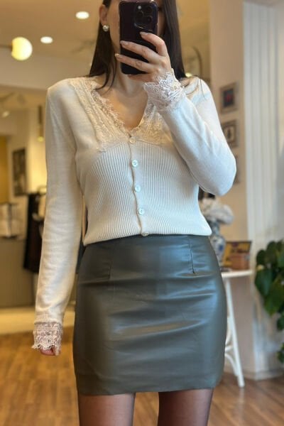 Haki Yüksek Bel Deri Şortetek