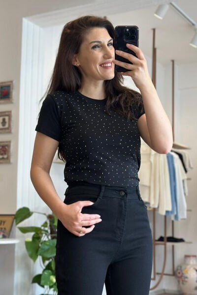 Siyah Taş Baskılı Likralı Body