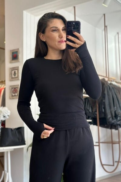 Siyah Buzzy Kumaş Parmak Geçmeli Body