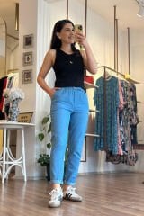Mavi Tensel Kumaş Beli Lastikli Pantolon