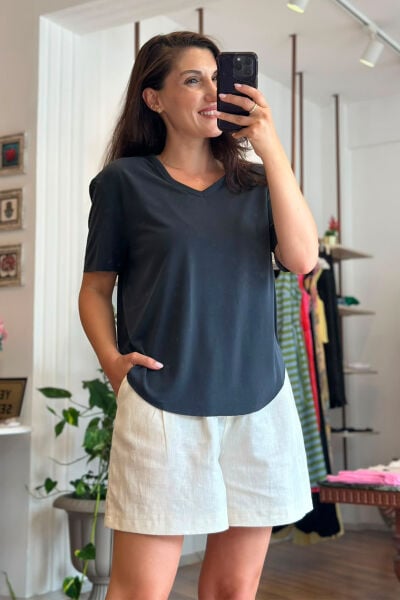 Antrasit V Yaka Modal Kumaş Lazer Kesim T-Shirt