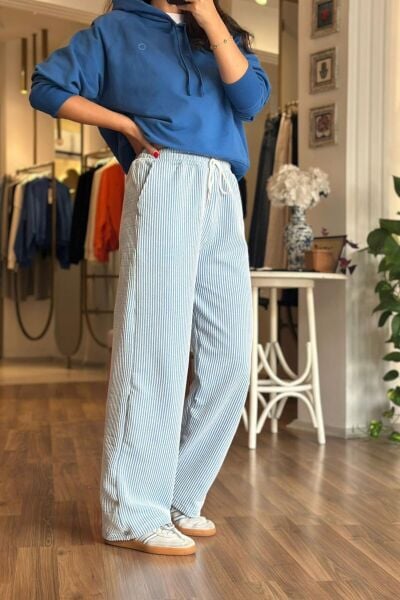 Mavi Çizgili Yüksek Bel Likralı Pantolon