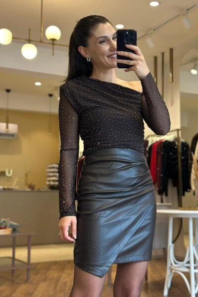 Kahverengi Taşlı Tül  Bluz