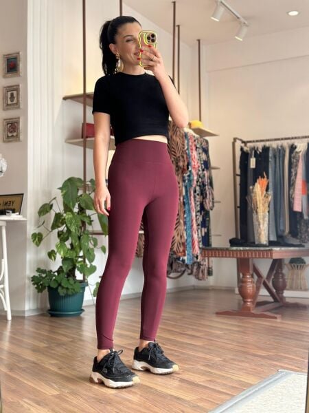 Bordo Oysho Model Yüksek Bel Toparlayıcı Tayt