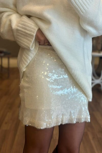 Ekru Payetli İçi Şortlu Etek