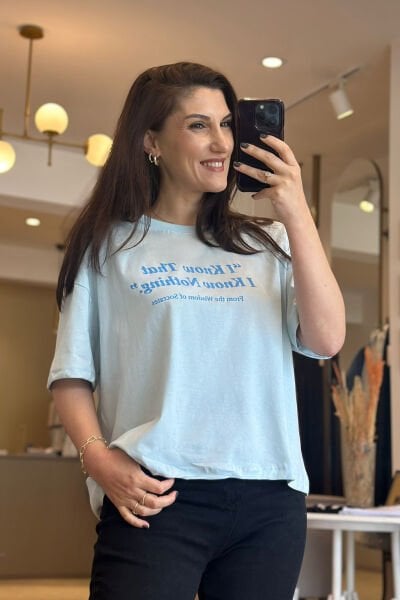 Mavi Bisiklet Yaka Baskılı T-Shirt