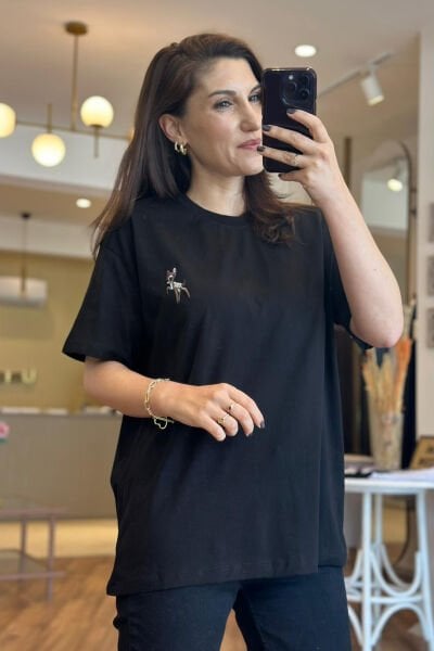 Siyah Geyik Nakışlı Bisiklet Yaka T-Shirt