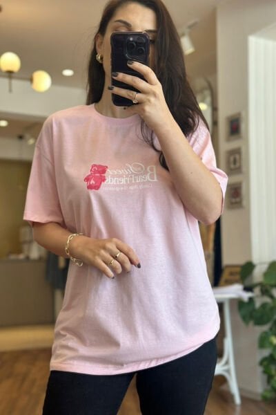 Pembe Baskılı Bisiklet Yaka T-Shirt