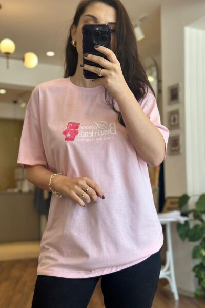 Pembe Baskılı Bisiklet Yaka T-Shirt