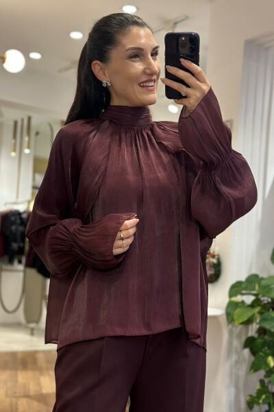 Bordo Sırtı Bağlamalı Standart Beden Şifon Bluz