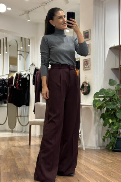 Bordo Yüksek Bel Kumaş Palazzo Pantolon
