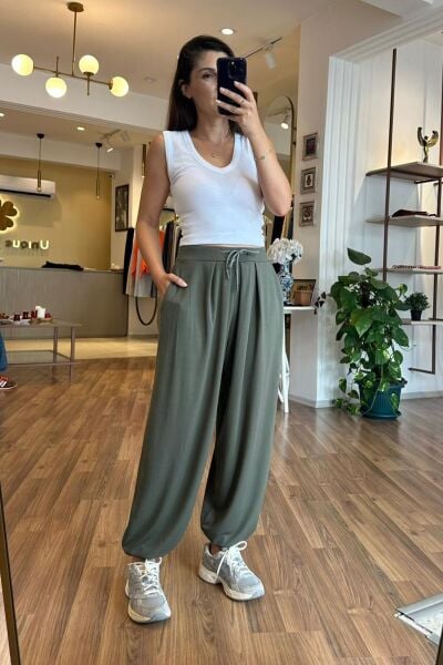 Haki Modal Kumaş Şalvar Pantolon