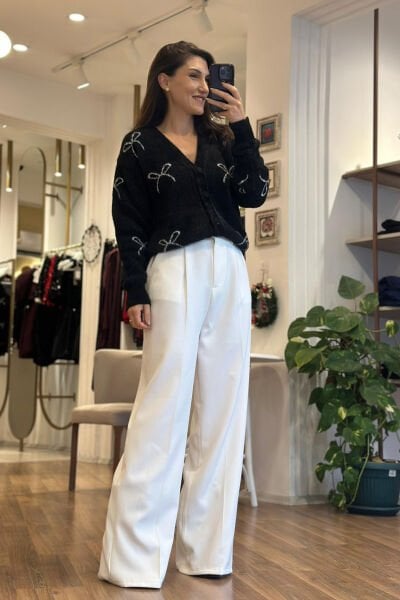 Ekru Yüksek Bel Kumaş Palazzo Pantolon