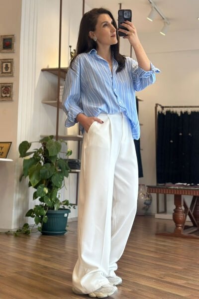 Ekru Yüksek Bel Kumaş Palazzo Pantolon