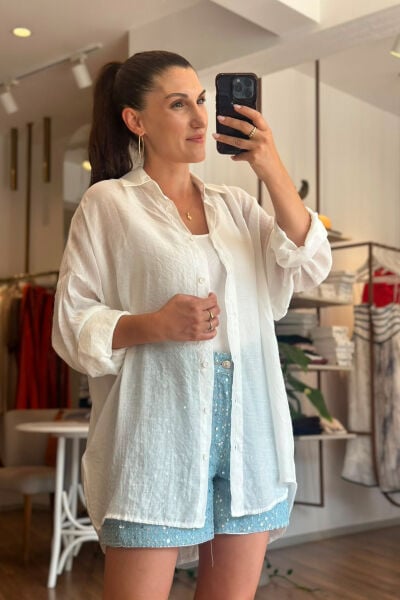 Beyaz Oversize Tül Gömlek