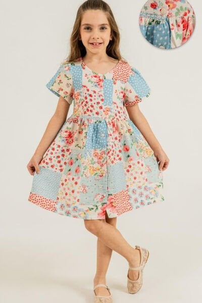 Kız Çocuk Patchwork Desenli Çicekli Müslin Elbise